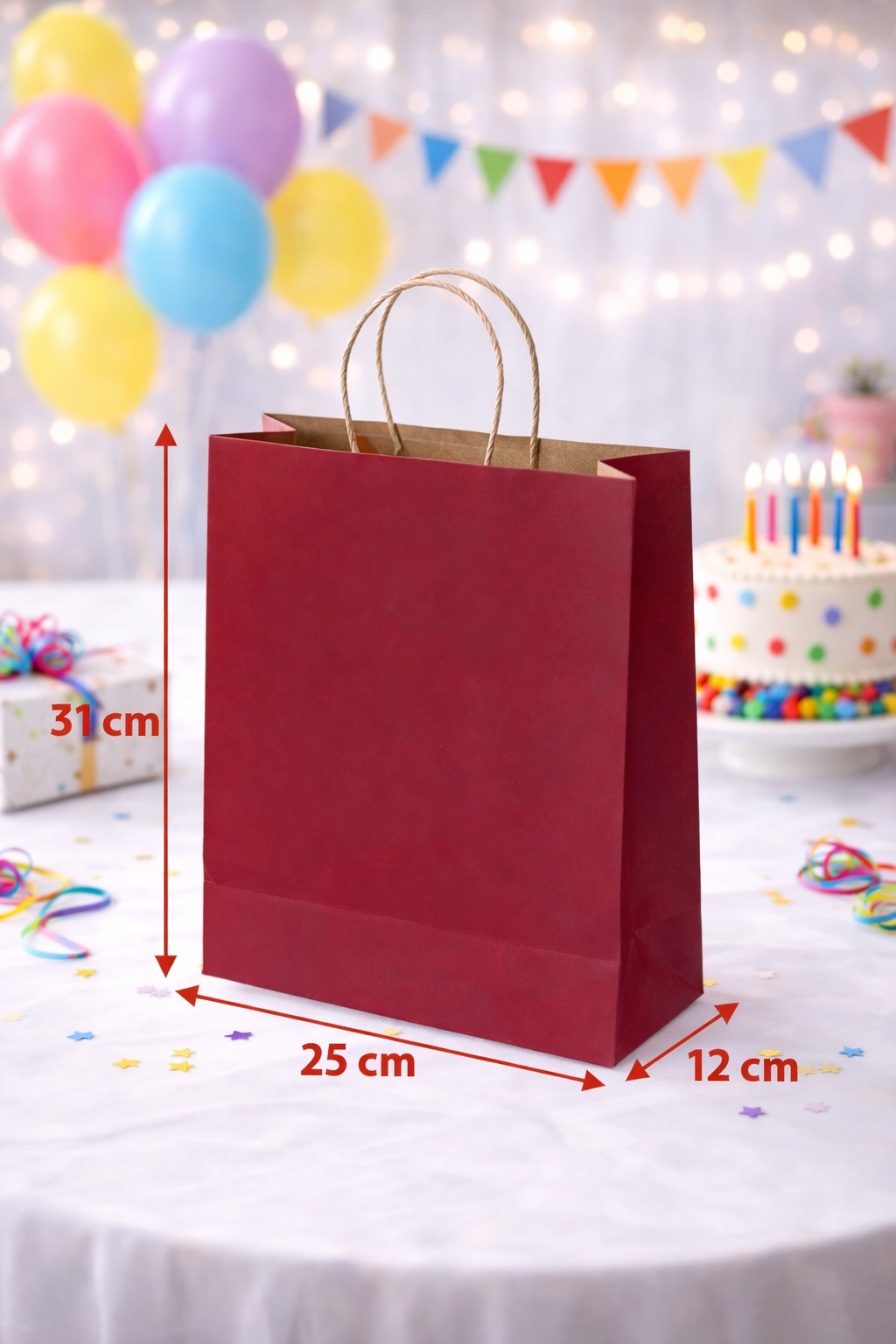 24 Adet Büküm Saplı Bordo Çanta 25x12x31 cm Kağıt Çanta