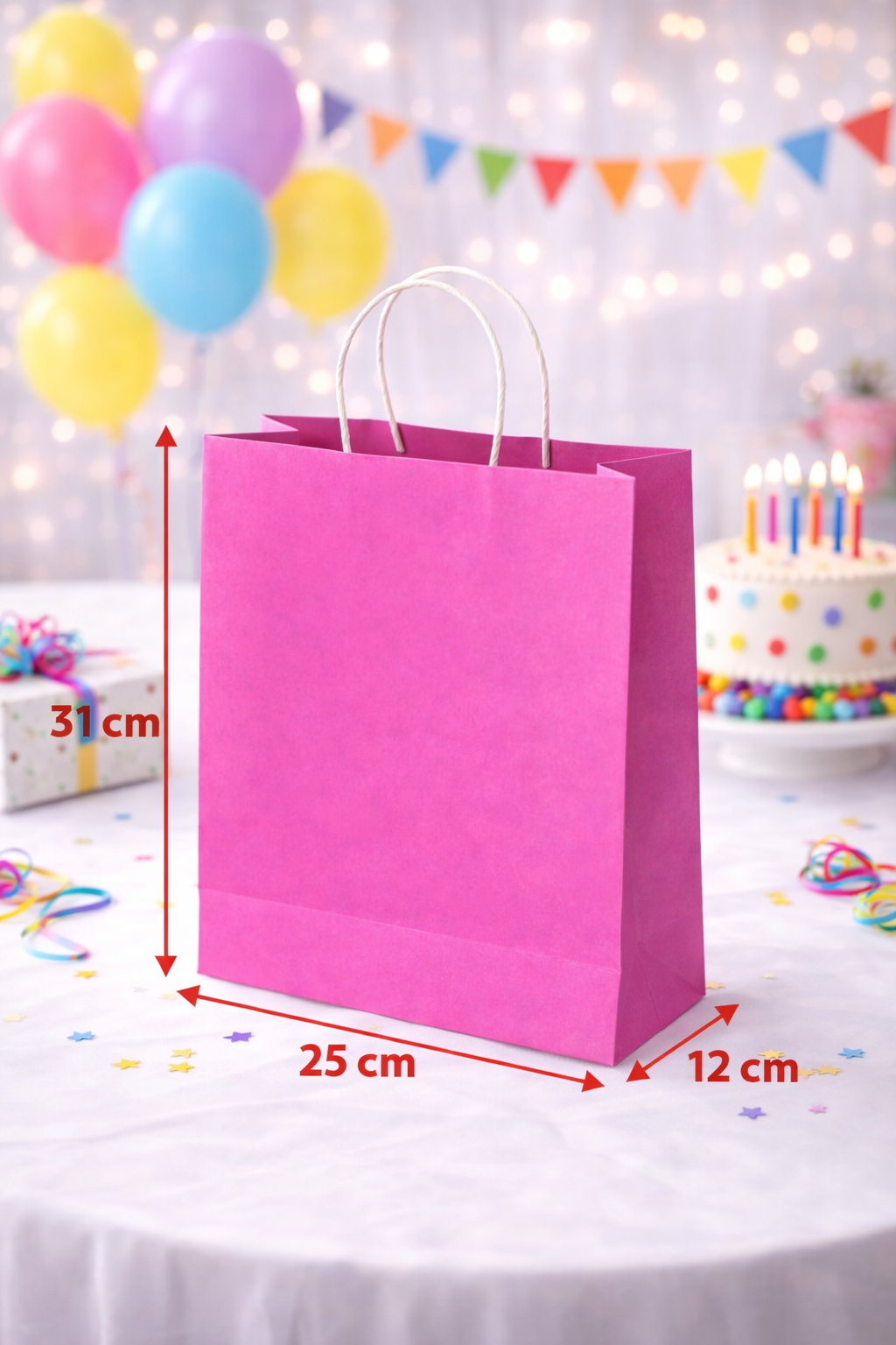 24 Adet Büküm Saplı Fuşya Çanta 25x12x31 cm Kağıt Çanta