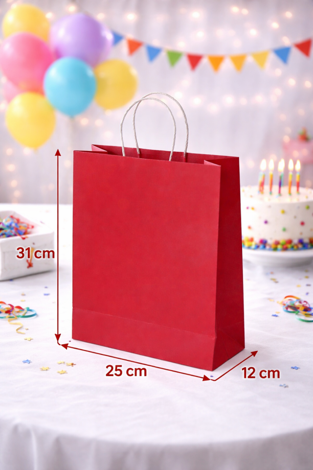 24 Adet Büküm Saplı Kırmızı Çanta 25x12x31 cm Kağıt Çanta