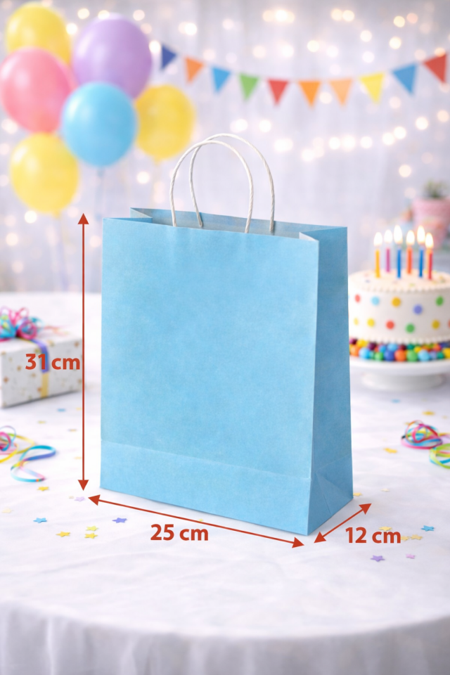 24 Adet Büküm Saplı Mavi Çanta 25x12x31 cm Kağıt Çanta