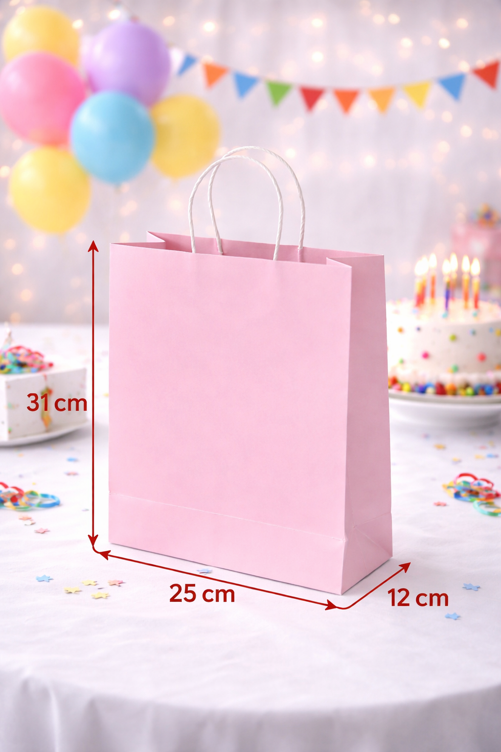 24 Adet Büküm Saplı Pembe Çanta 25x12x31 cm Kağıt Çanta