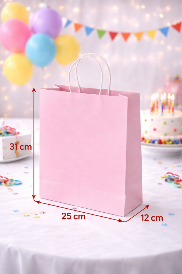 24 Adet Büküm Saplı Pembe Çanta 25x12x31 cm Kağıt Çanta