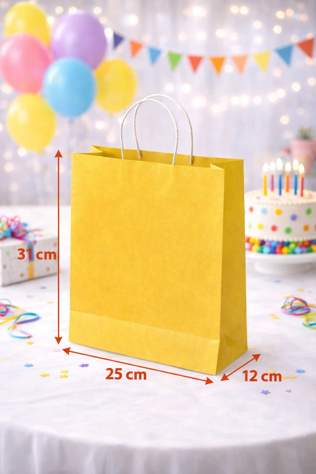 24 Adet Büküm Saplı Sarı Çanta 25x12x31 cm Kağıt Çanta