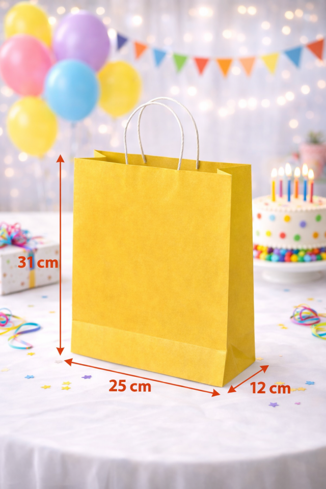 24 Adet Büküm Saplı Sarı Çanta 25x12x31 cm Kağıt Çanta