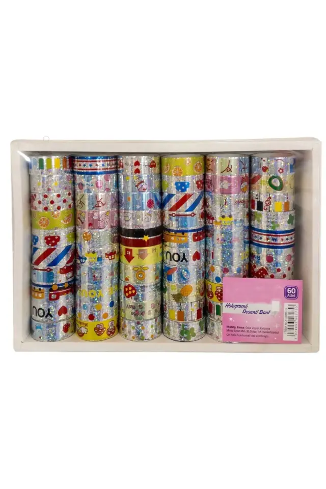 10 Adet - 3 Metre Renkli Hologram Desenli Bant Dekoratif Bant Maskeleme Bandı Şerit Bant Çok Renkli