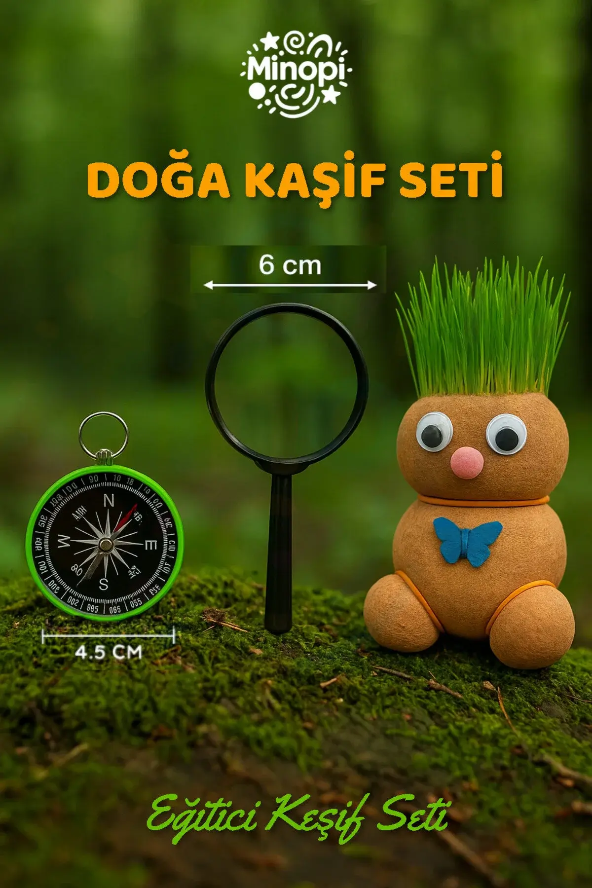 Eğitici Doğa Kaşifleri Seti 3'lü Set Pusula Anahtarlık Çim Adam 60 mm Büyüteç Mercek